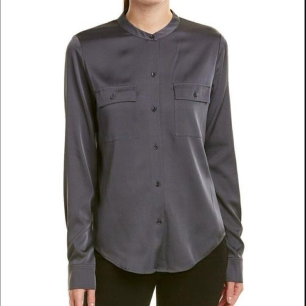 Revolve Vince Gray Gunmetal Chest Front Pocket Silk Blouse